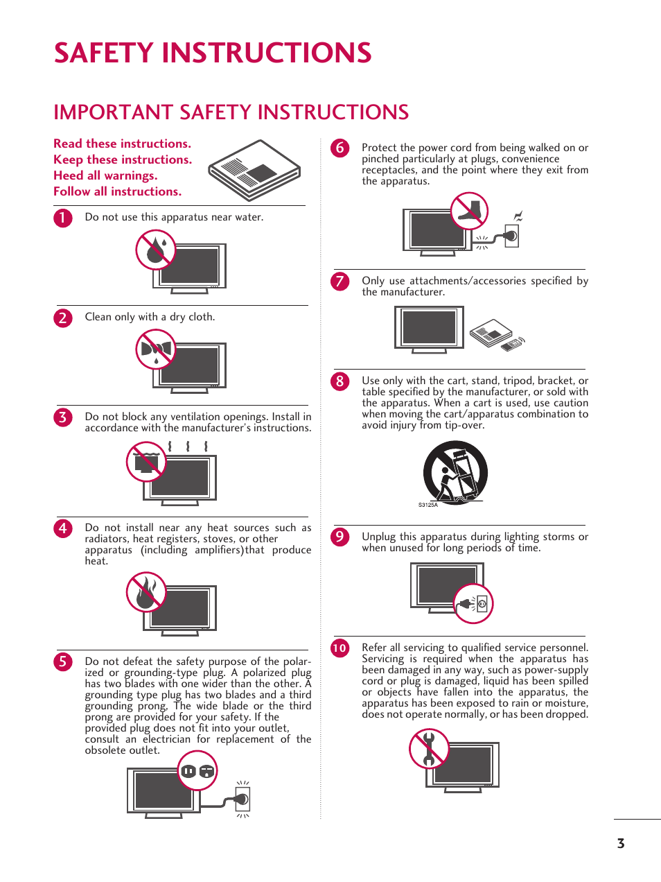 Safety instructions, Important safety instructions, Do not use this apparatus near water | Clean only with a dry cloth, Short-circuit breaker power supply | LG 37LD665H User Manual | Page 3 / 207