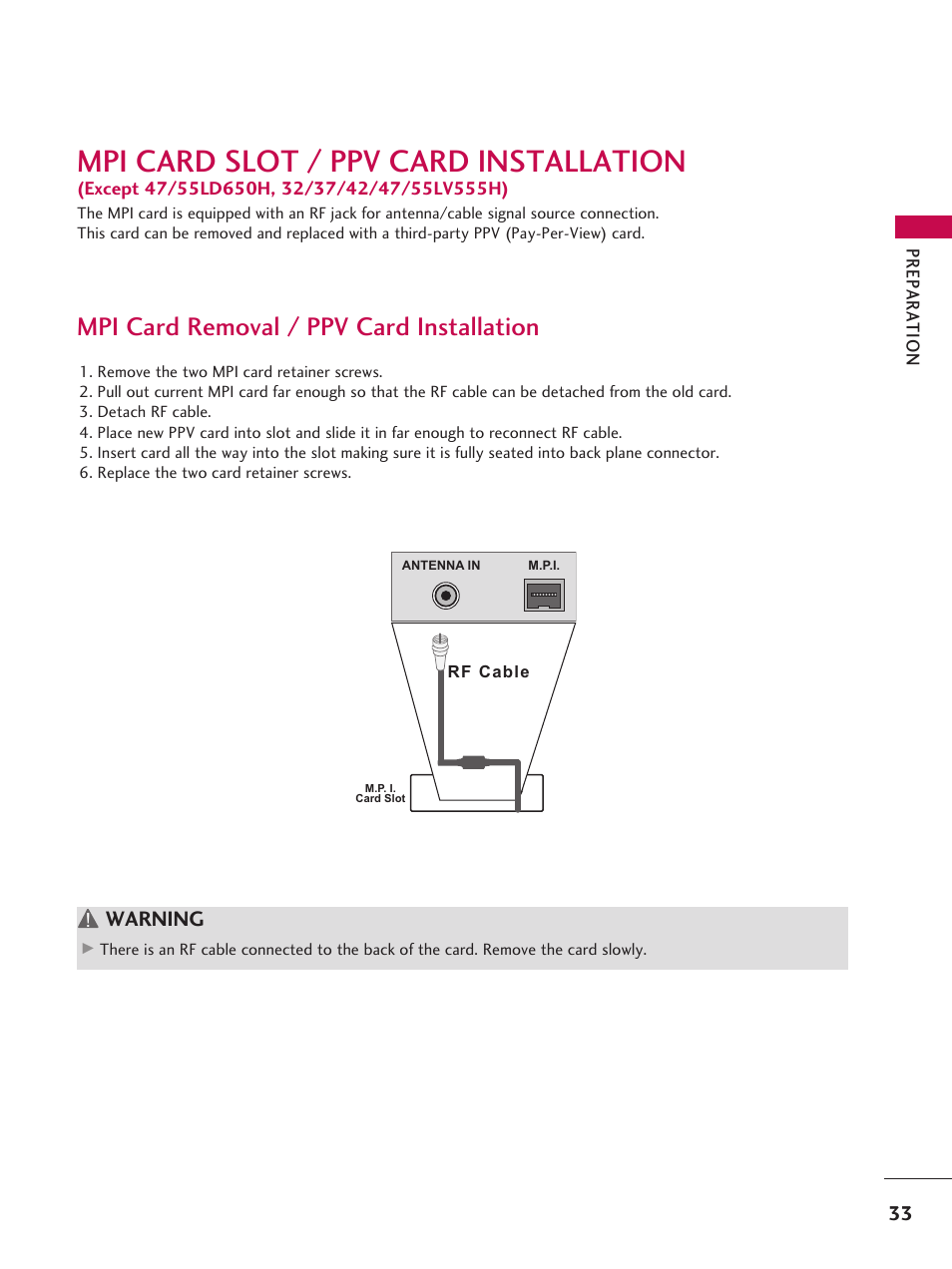 Mpi card slot / ppv card installation, Mpi card removal / ppv card installation | LG 37LD665H User Manual | Page 33 / 207