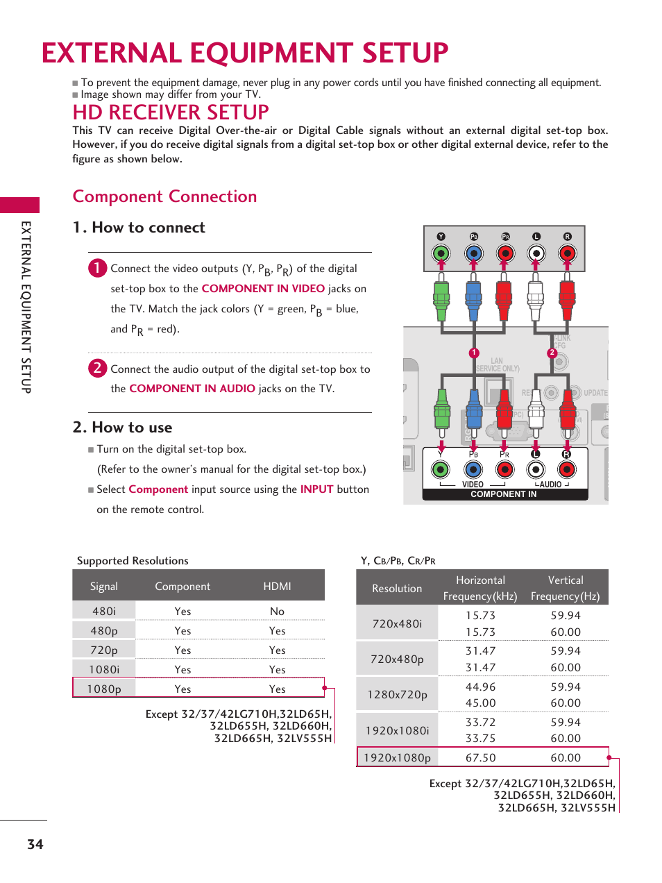 External equipment setup, Hd receiver setup, Component connection | How to connect, How to use | LG 37LD665H User Manual | Page 34 / 207