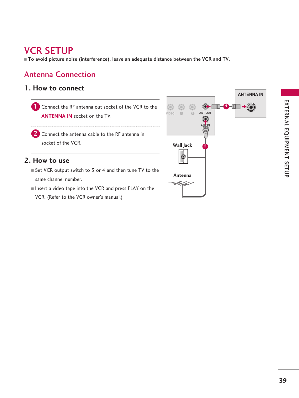 Vcr setup, Antenna connection, How to connect | How to use | LG 37LD665H User Manual | Page 39 / 207