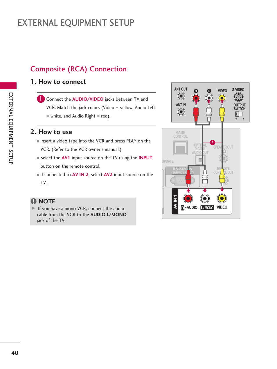 External equipment setup, Composite (rca) connection, How to connect | How to use | LG 37LD665H User Manual | Page 40 / 207