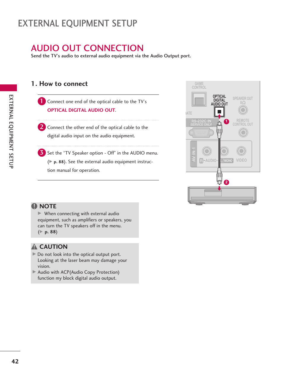 Audio out connection, External equipment setup, How to connect | Caution | LG 37LD665H User Manual | Page 42 / 207