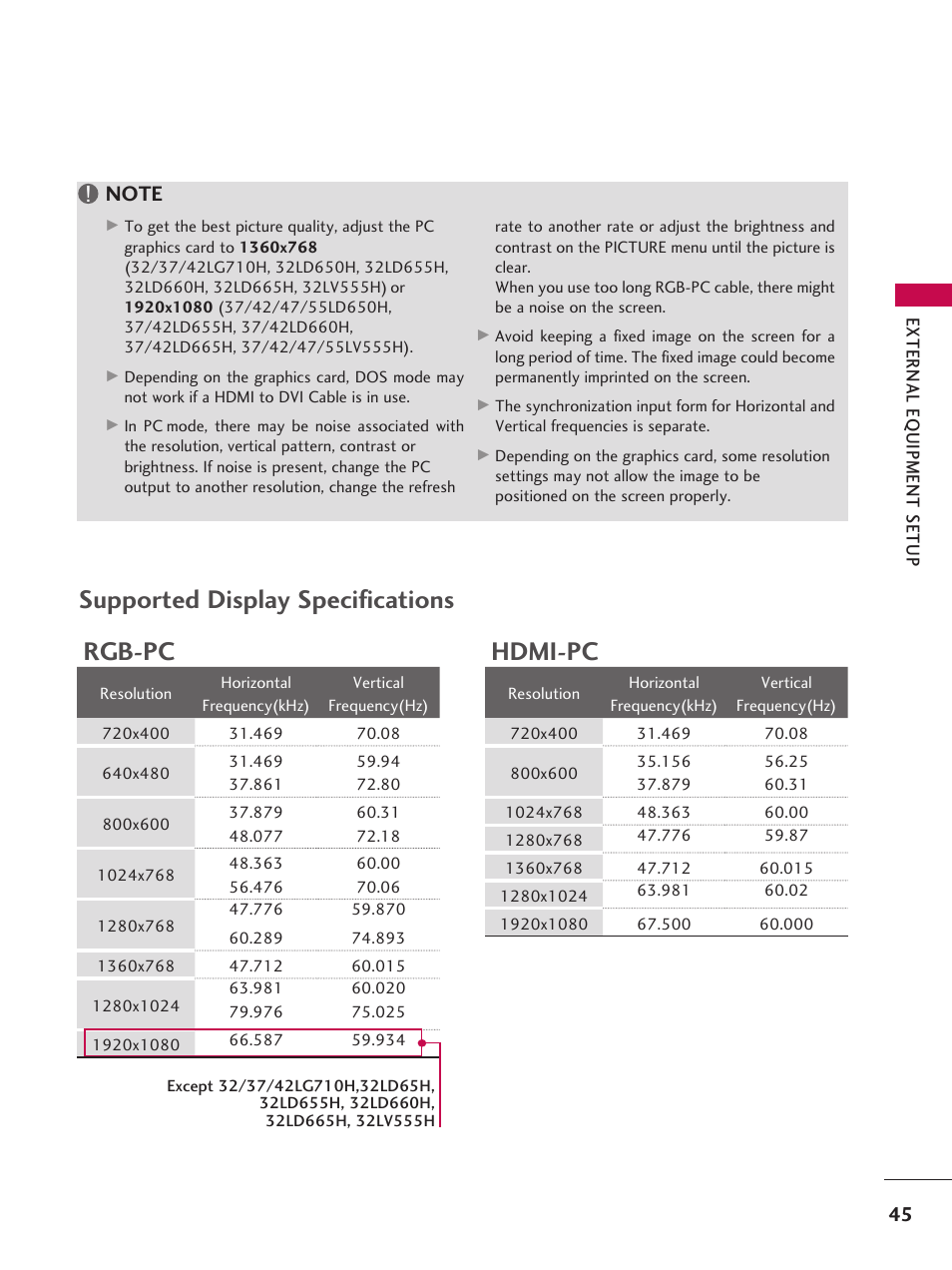 Supported display specifications, Hdmi-pc, Rgb-pc | LG 37LD665H User Manual | Page 45 / 207