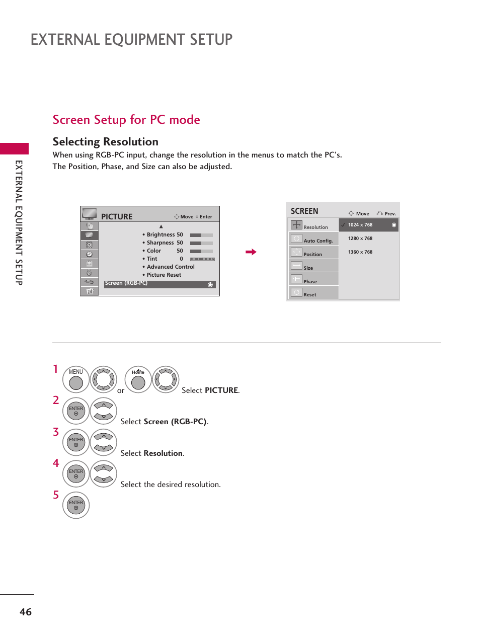 External equipment setup, Screen setup for pc mode, Selecting resolution | LG 37LD665H User Manual | Page 46 / 207