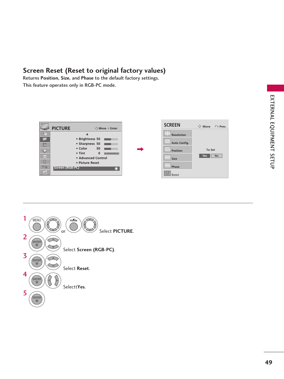 Screen reset (reset to original factory values) | LG 37LD665H User Manual | Page 49 / 207