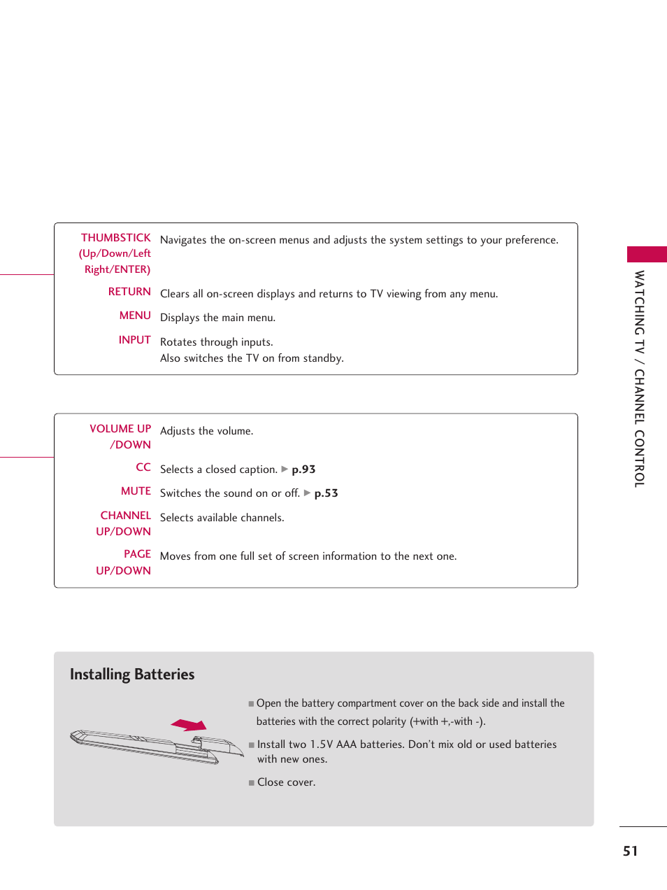 Installing batteries, P.93 mute switches the sound on or off, Close cover | LG 37LD665H User Manual | Page 51 / 207