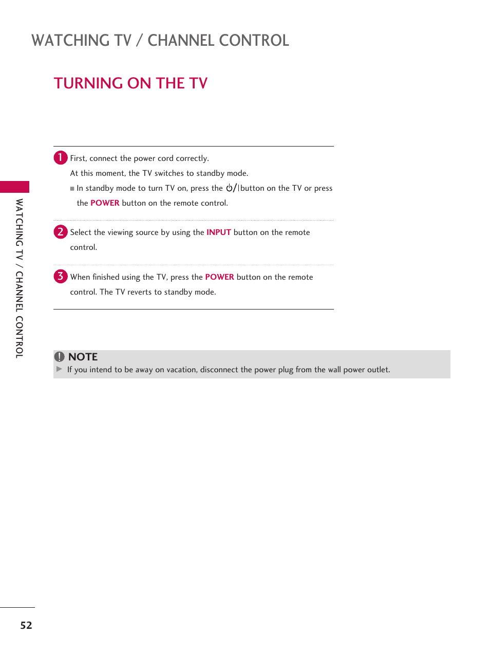 Turning on the tv, Watching tv / channel control | LG 37LD665H User Manual | Page 52 / 207