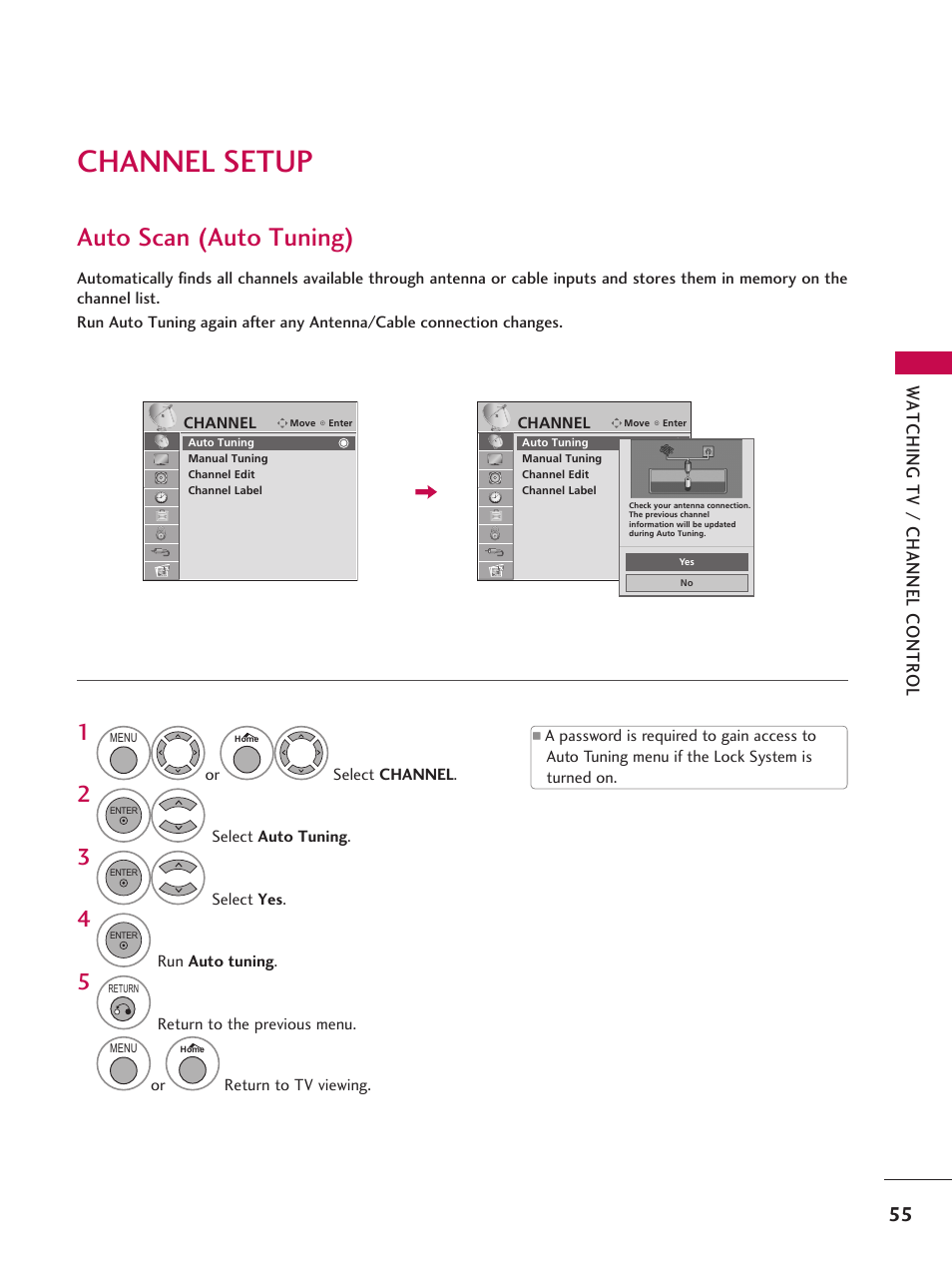 Channel setup, Auto scan (auto tuning) | LG 37LD665H User Manual | Page 55 / 207