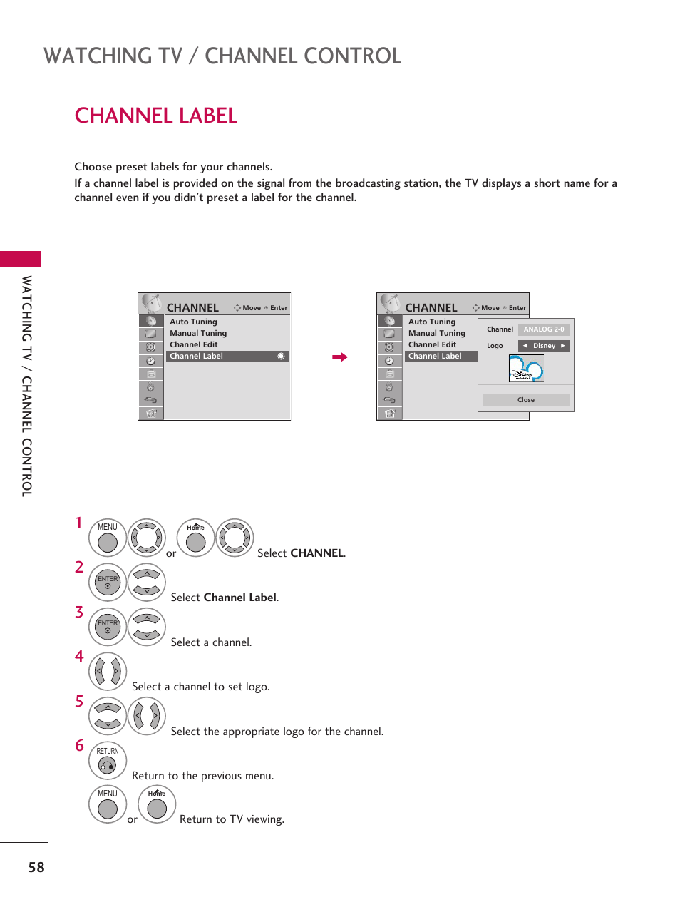 Channel label, Watching tv / channel control | LG 37LD665H User Manual | Page 58 / 207