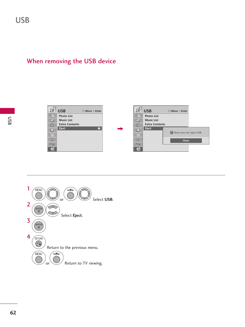 When removing the usb device | LG 37LD665H User Manual | Page 62 / 207