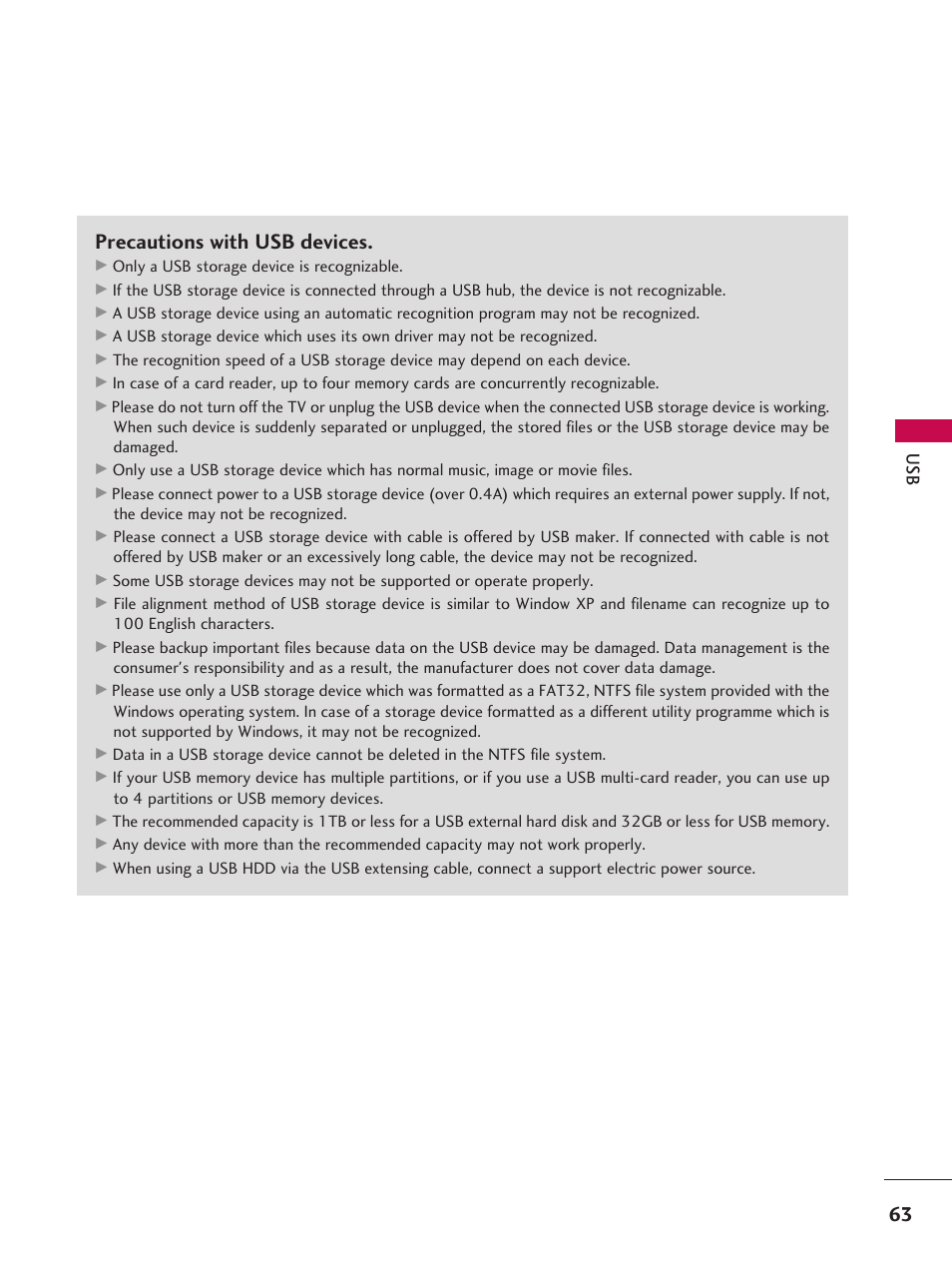 Precautions with usb devices | LG 37LD665H User Manual | Page 63 / 207