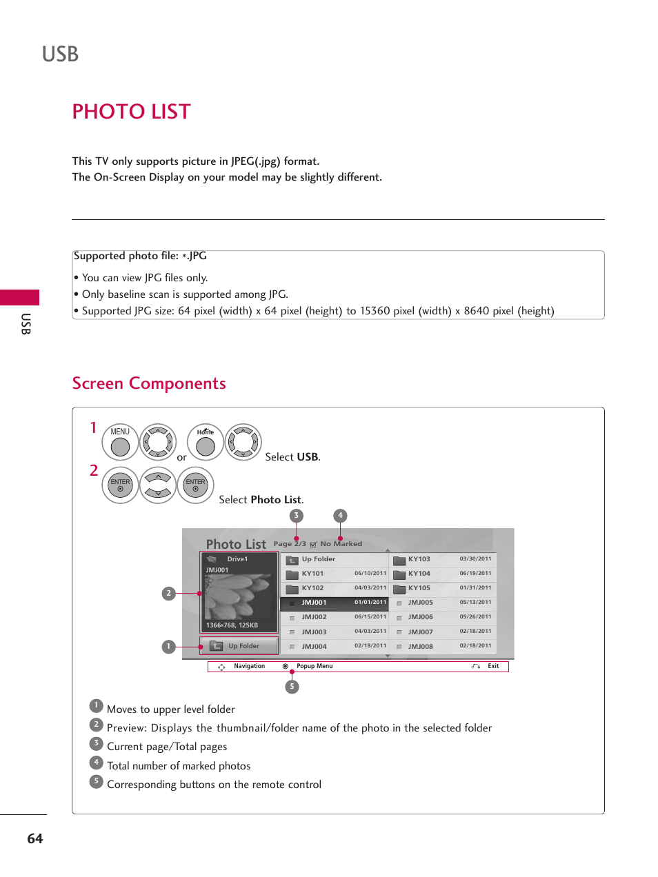 Photo list, Screen components | LG 37LD665H User Manual | Page 64 / 207