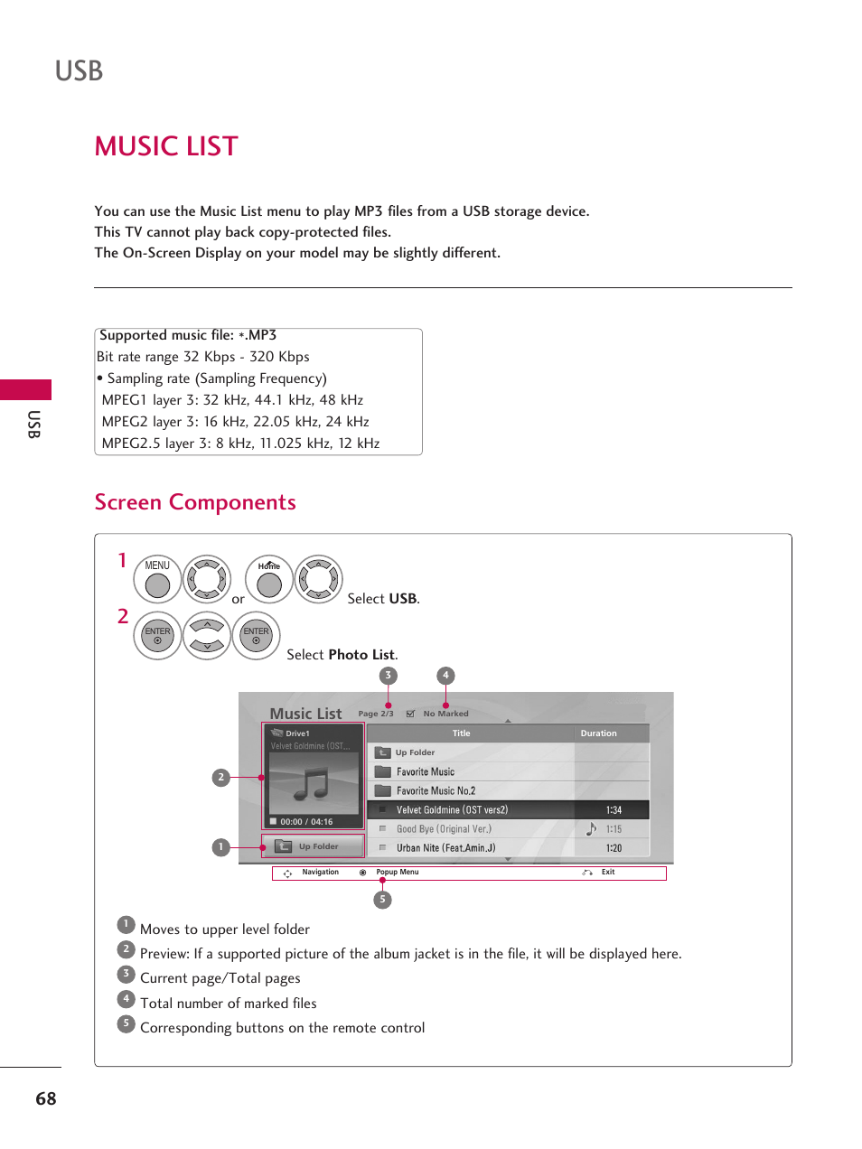 Music list, Screen components | LG 37LD665H User Manual | Page 68 / 207