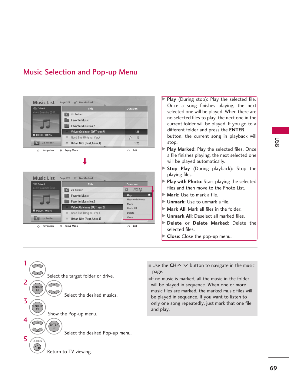 Music selection and pop-up menu | LG 37LD665H User Manual | Page 69 / 207