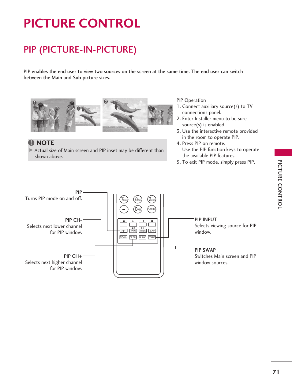 Picture control, Pip (picture-in-picture) | LG 37LD665H User Manual | Page 71 / 207