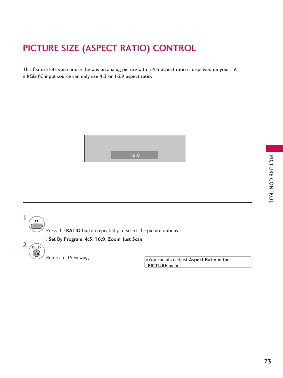 Picture size (aspect ratio) control | LG 37LD665H User Manual | Page 73 / 207