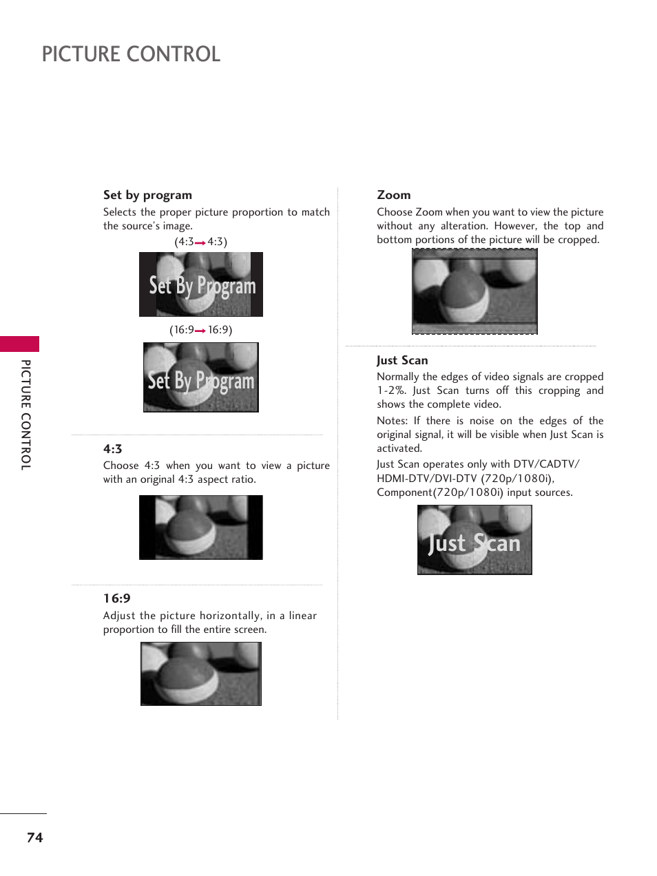 Set by program, Just scan, Picture control | LG 37LD665H User Manual | Page 74 / 207