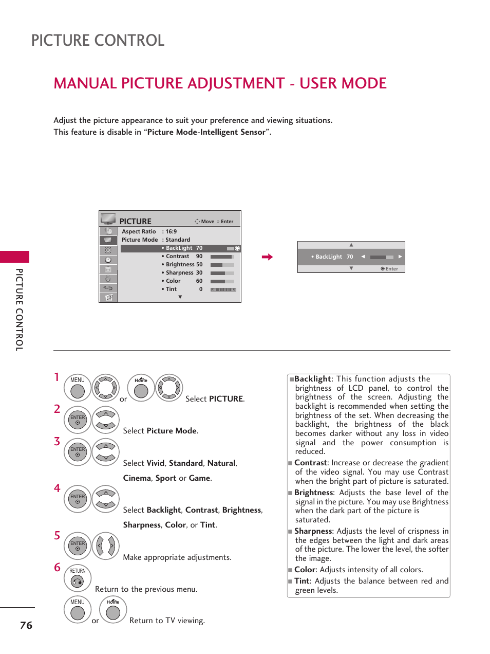 Manual picture adjustment - user mode, Picture control | LG 37LD665H User Manual | Page 76 / 207