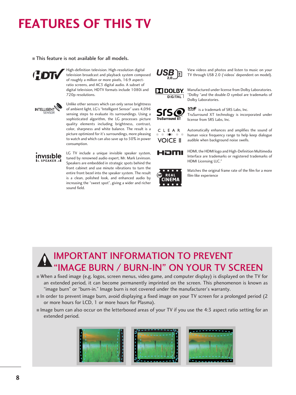 Features of this tv, Warning | LG 37LD665H User Manual | Page 8 / 207