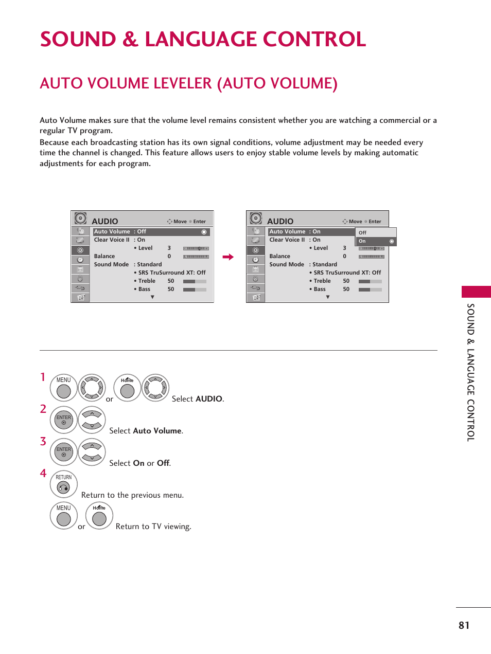 Sound & language control, Auto volume leveler (auto volume) | LG 37LD665H User Manual | Page 81 / 207