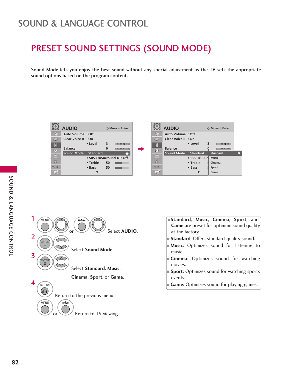 Preset sound settings (sound mode), Sound & language control | LG 37LD665H User Manual | Page 82 / 207