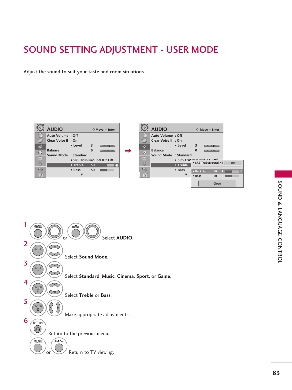 Sound setting adjustment - user mode | LG 37LD665H User Manual | Page 83 / 207