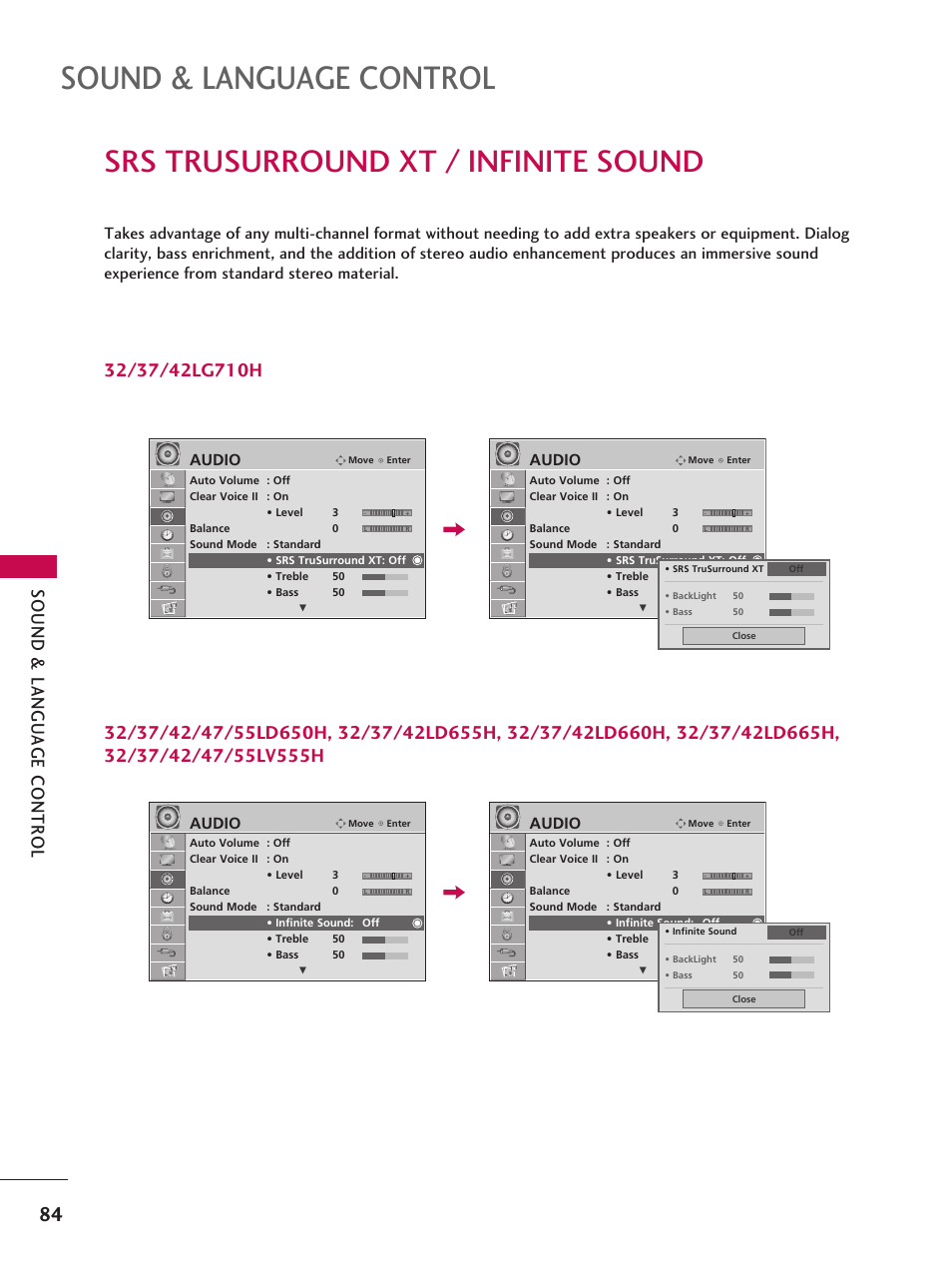 Srs trusurround xt / infinite sound, Sound & language control, Audio | LG 37LD665H User Manual | Page 84 / 207