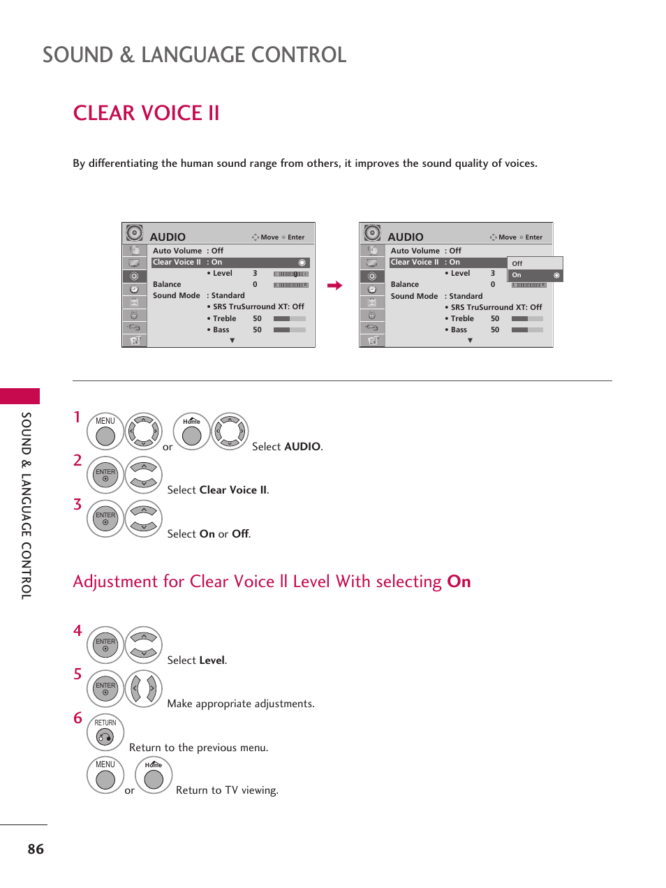 Clear voice ii, Sound & language control | LG 37LD665H User Manual | Page 86 / 207