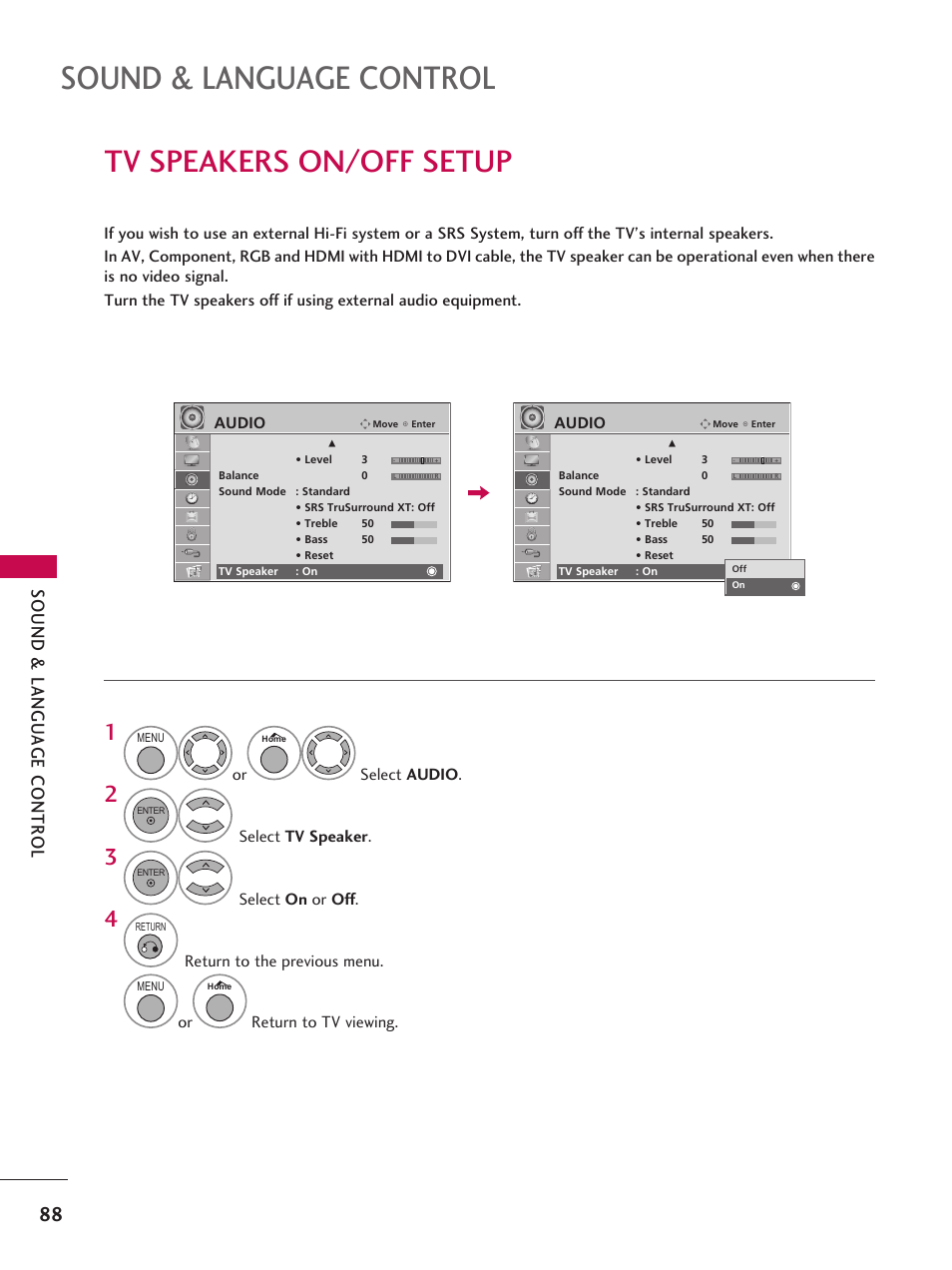 Tv speakers on/off setup, Sound & language control | LG 37LD665H User Manual | Page 88 / 207