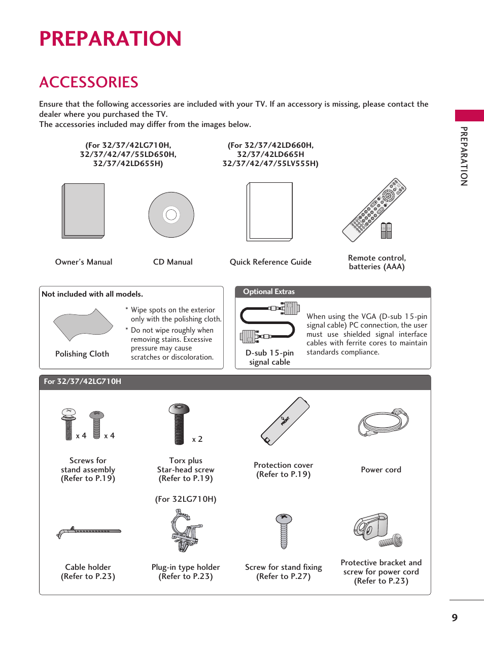 Preperation, Accessories, Preparation | Pr ep a ra tio n | LG 37LD665H User Manual | Page 9 / 207