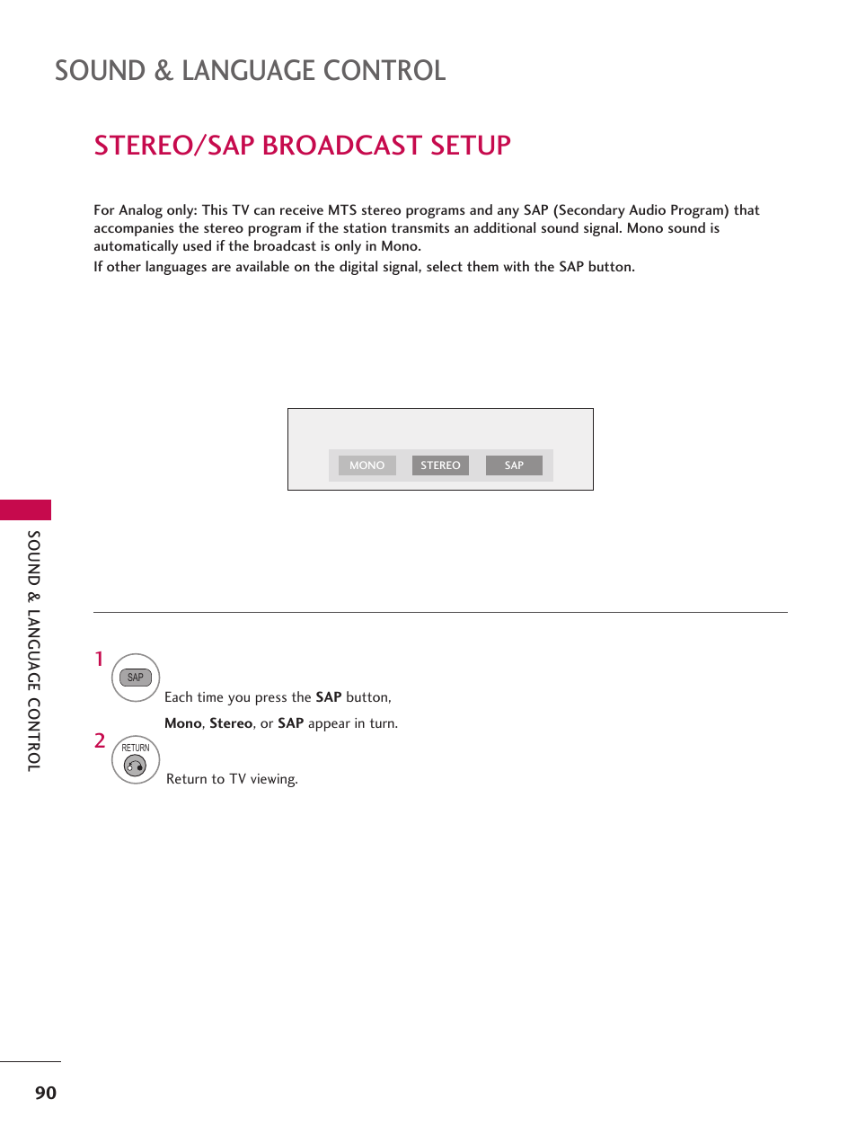 Stereo/sap broadcast setup, Sound & language control | LG 37LD665H User Manual | Page 90 / 207