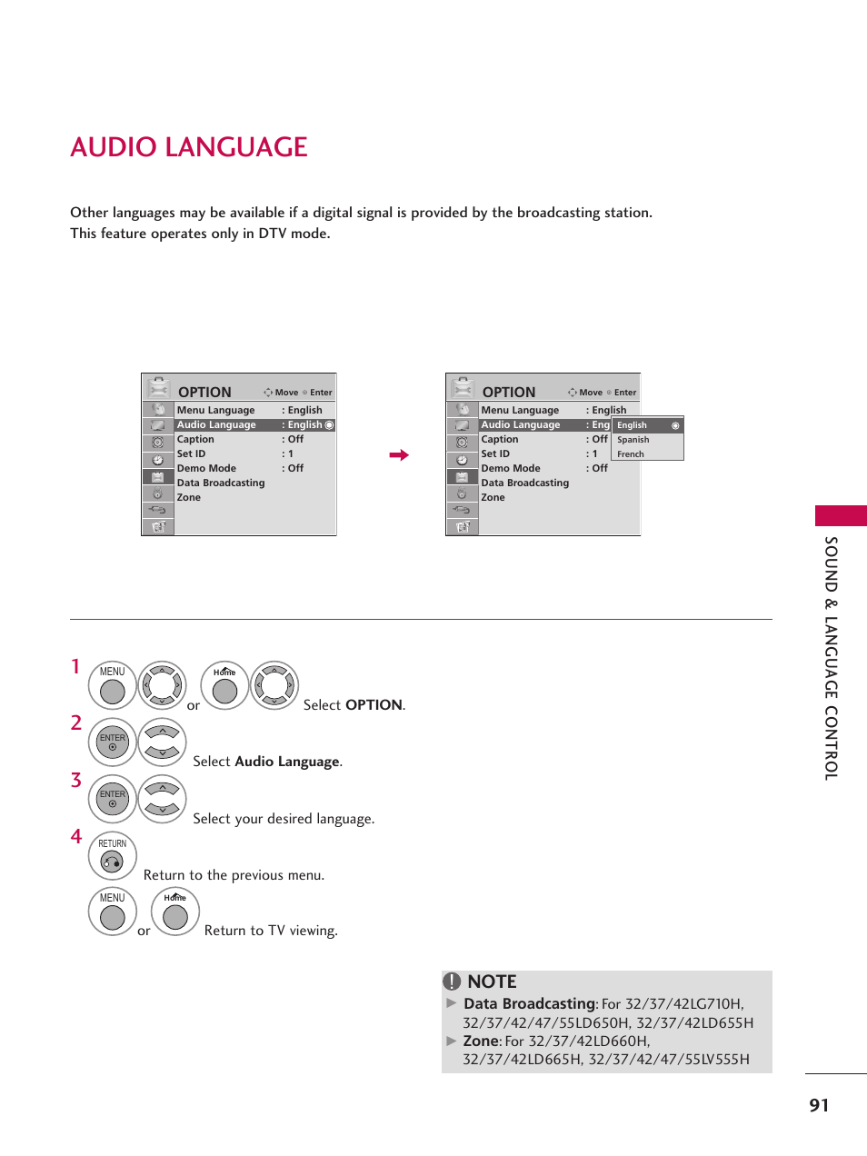 Audio language | LG 37LD665H User Manual | Page 91 / 207