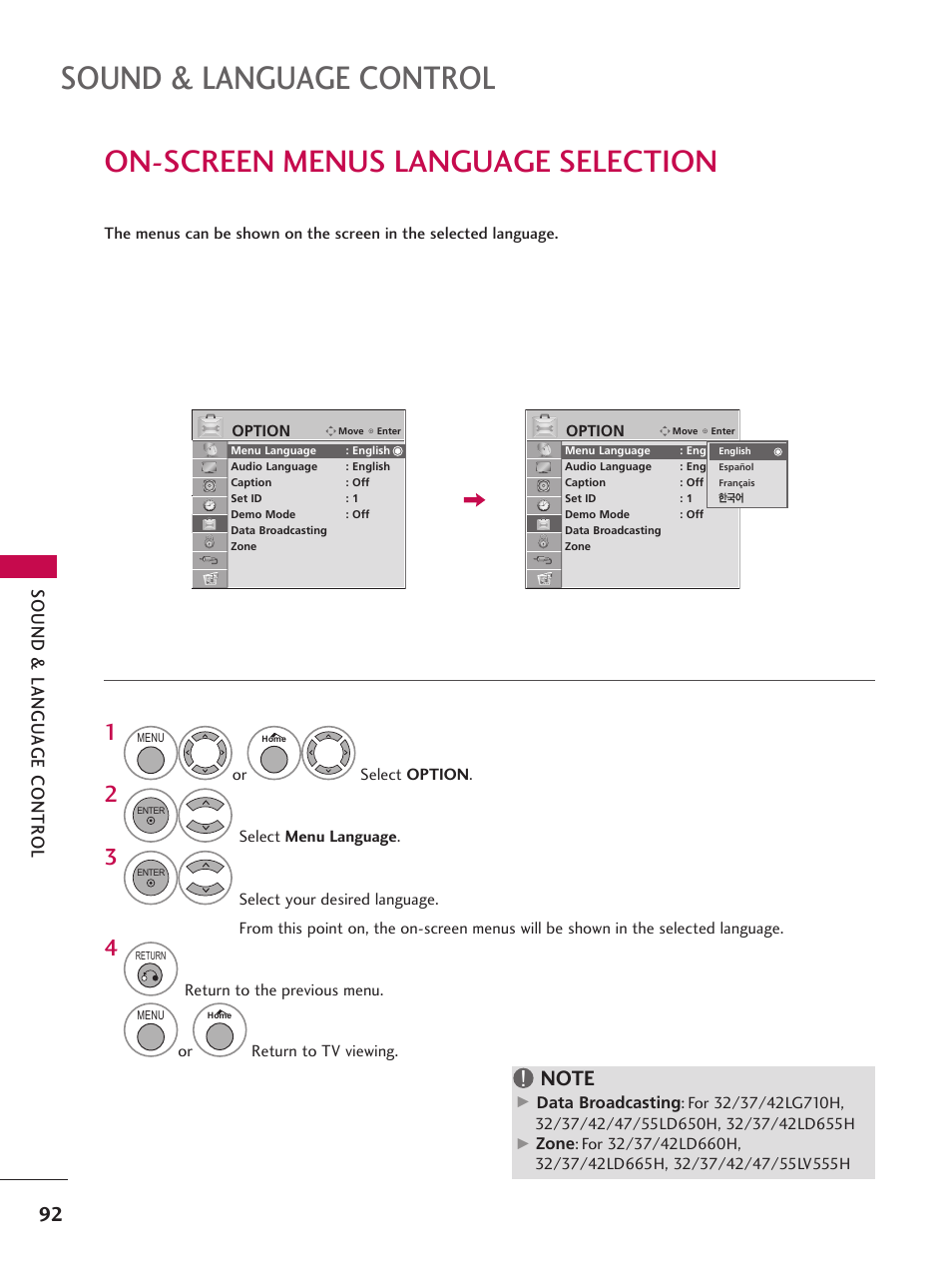 On-screen menus language selection, Sound & language control | LG 37LD665H User Manual | Page 92 / 207