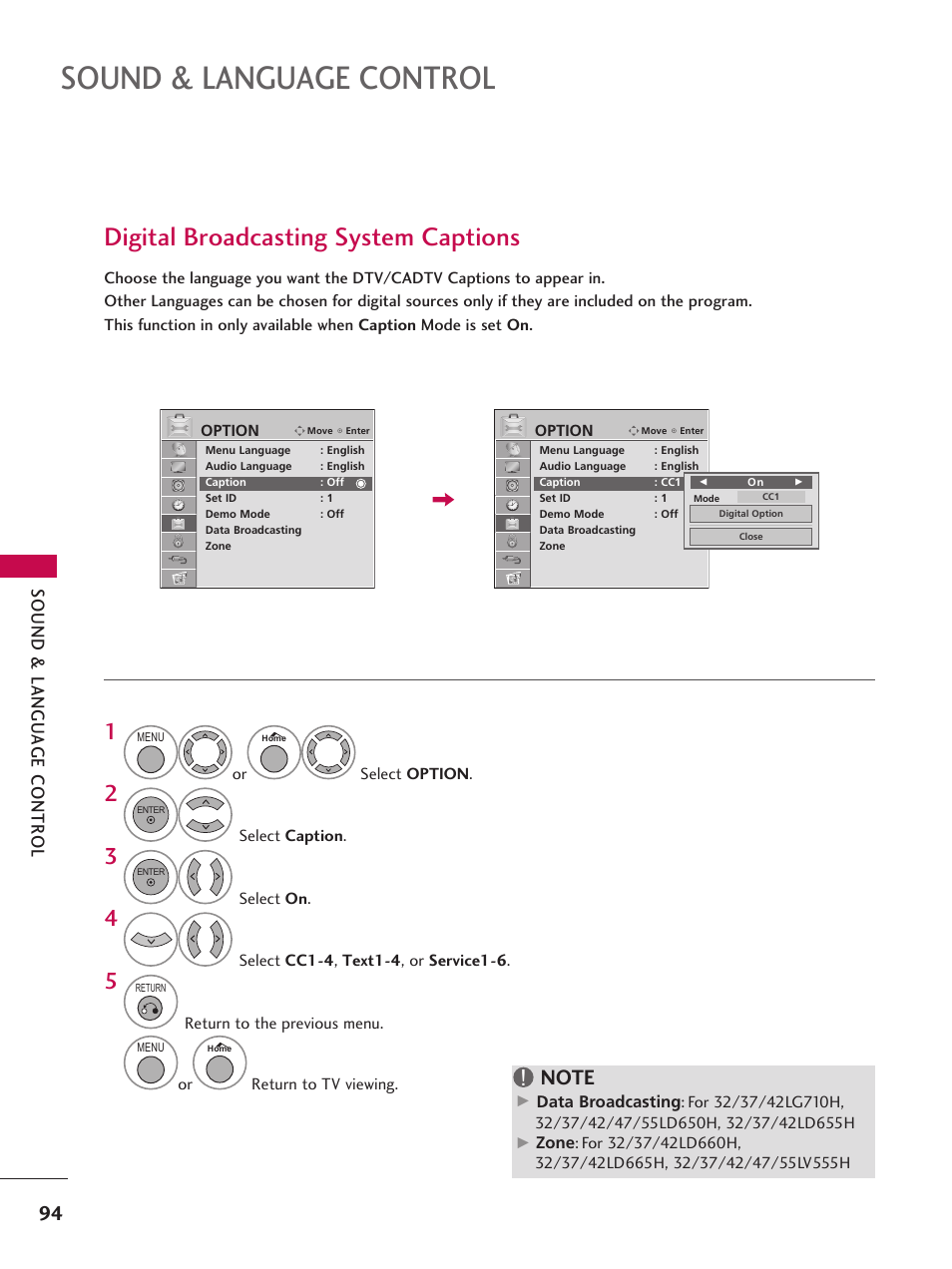 Digital broadcasting system captions, Sound & language control | LG 37LD665H User Manual | Page 94 / 207