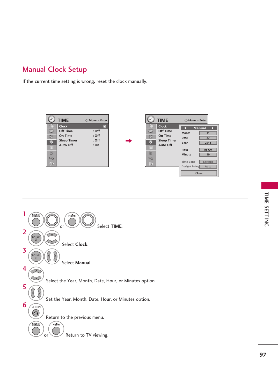 Manual clock setup, Tim e s et tin g | LG 37LD665H User Manual | Page 97 / 207