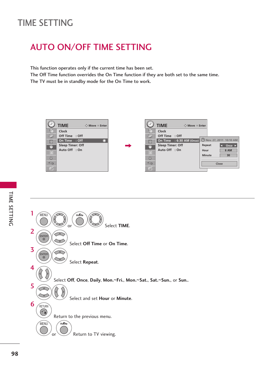 Auto on/off time setting, Time setting | LG 37LD665H User Manual | Page 98 / 207