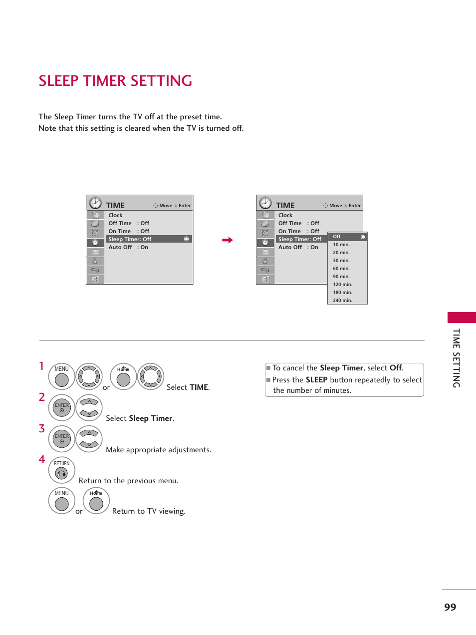 Sleep timer setting | LG 37LD665H User Manual | Page 99 / 207