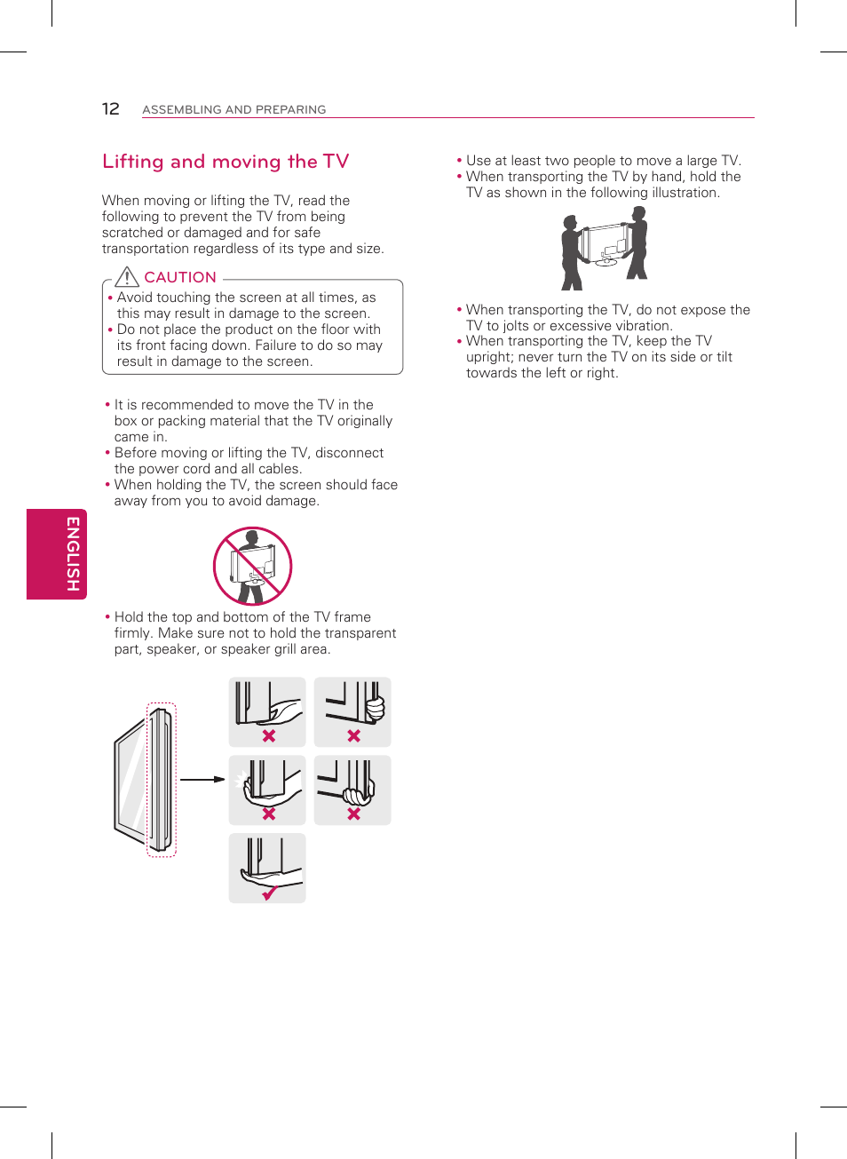 Lifting and moving the tv, English 12 | LG 55LN5400 User Manual | Page 12 / 48