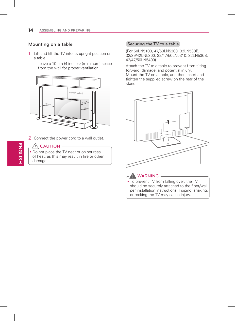 English 14, Mounting on a table 1 | LG 55LN5400 User Manual | Page 14 / 48