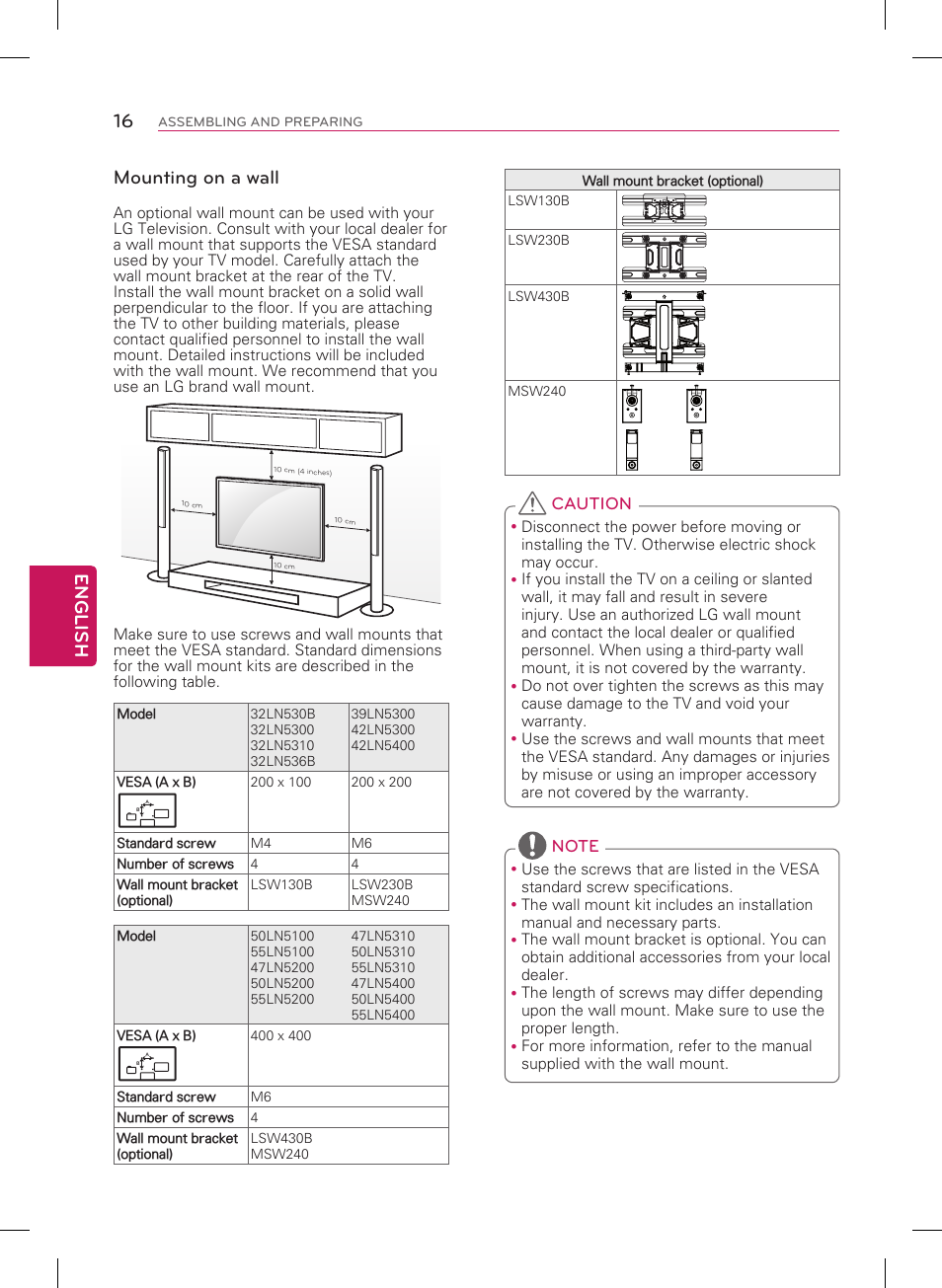 English 16, Mounting on a wall | LG 55LN5400 User Manual | Page 16 / 48