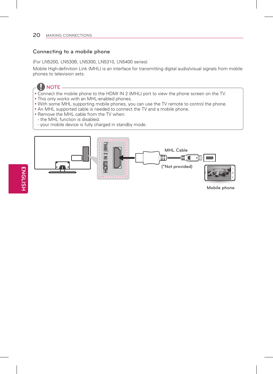 English 20, Connecting to a mobile phone | LG 55LN5400 User Manual | Page 20 / 48