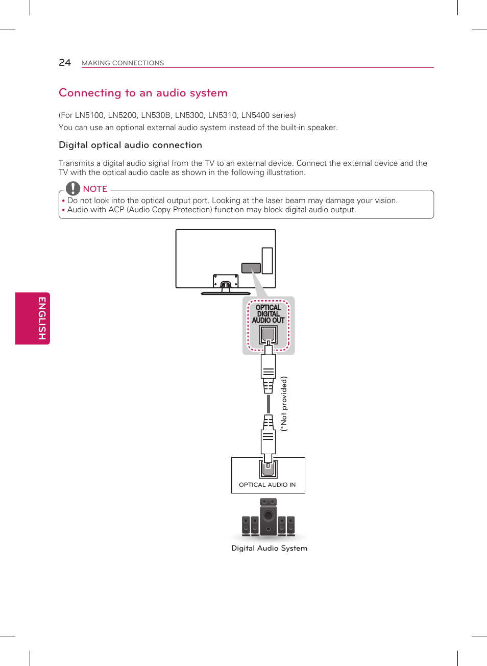 Connecting to an audio system | LG 55LN5400 User Manual | Page 24 / 48