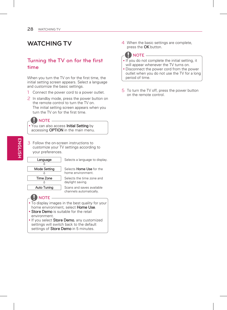 Watching tv, Turning the tv on for the first time, English 28 | LG 55LN5400 User Manual | Page 28 / 48