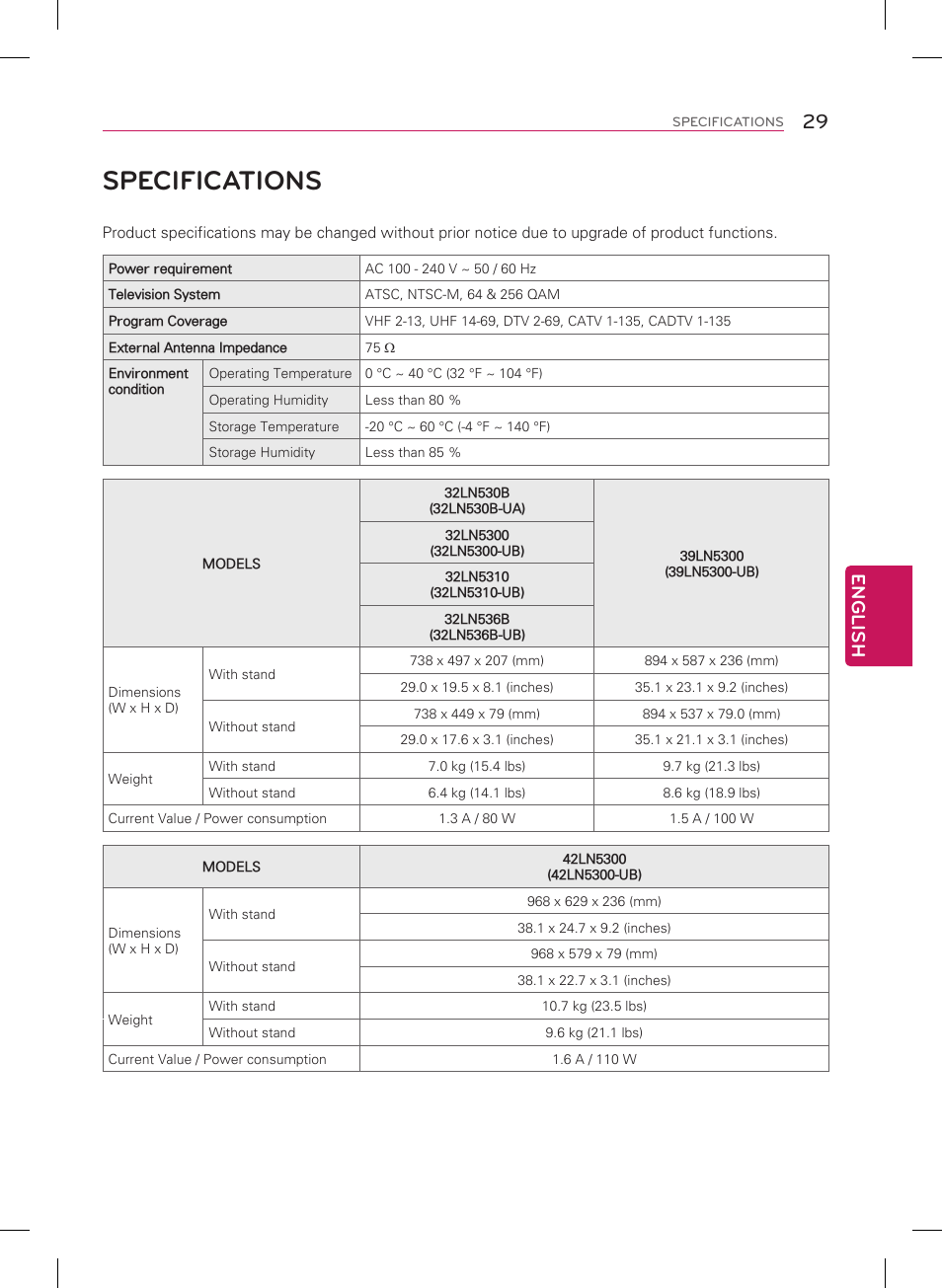 Specifications, English | LG 55LN5400 User Manual | Page 29 / 48