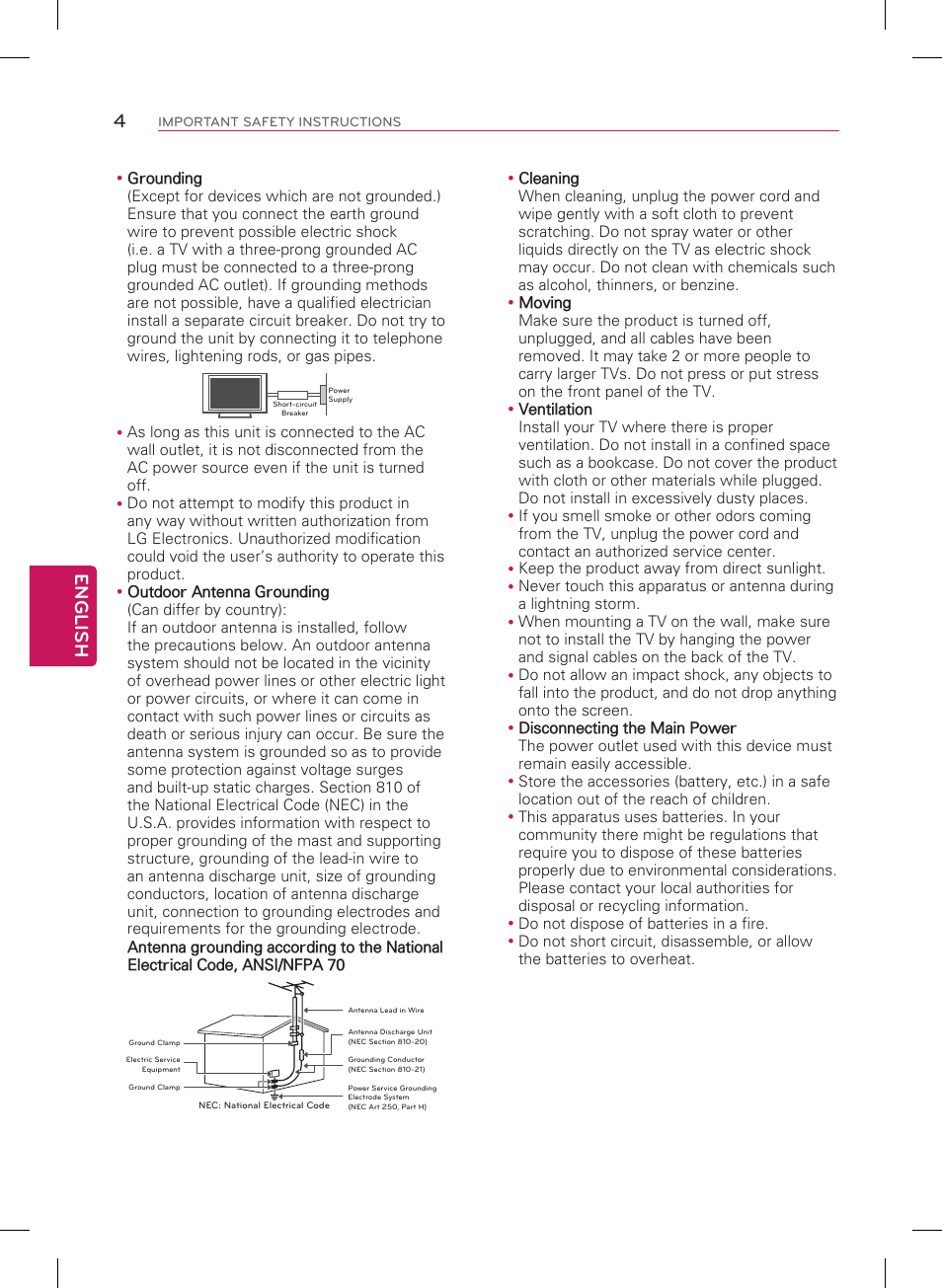 English 4, Short-circuit breaker power supply | LG 55LN5400 User Manual | Page 4 / 48