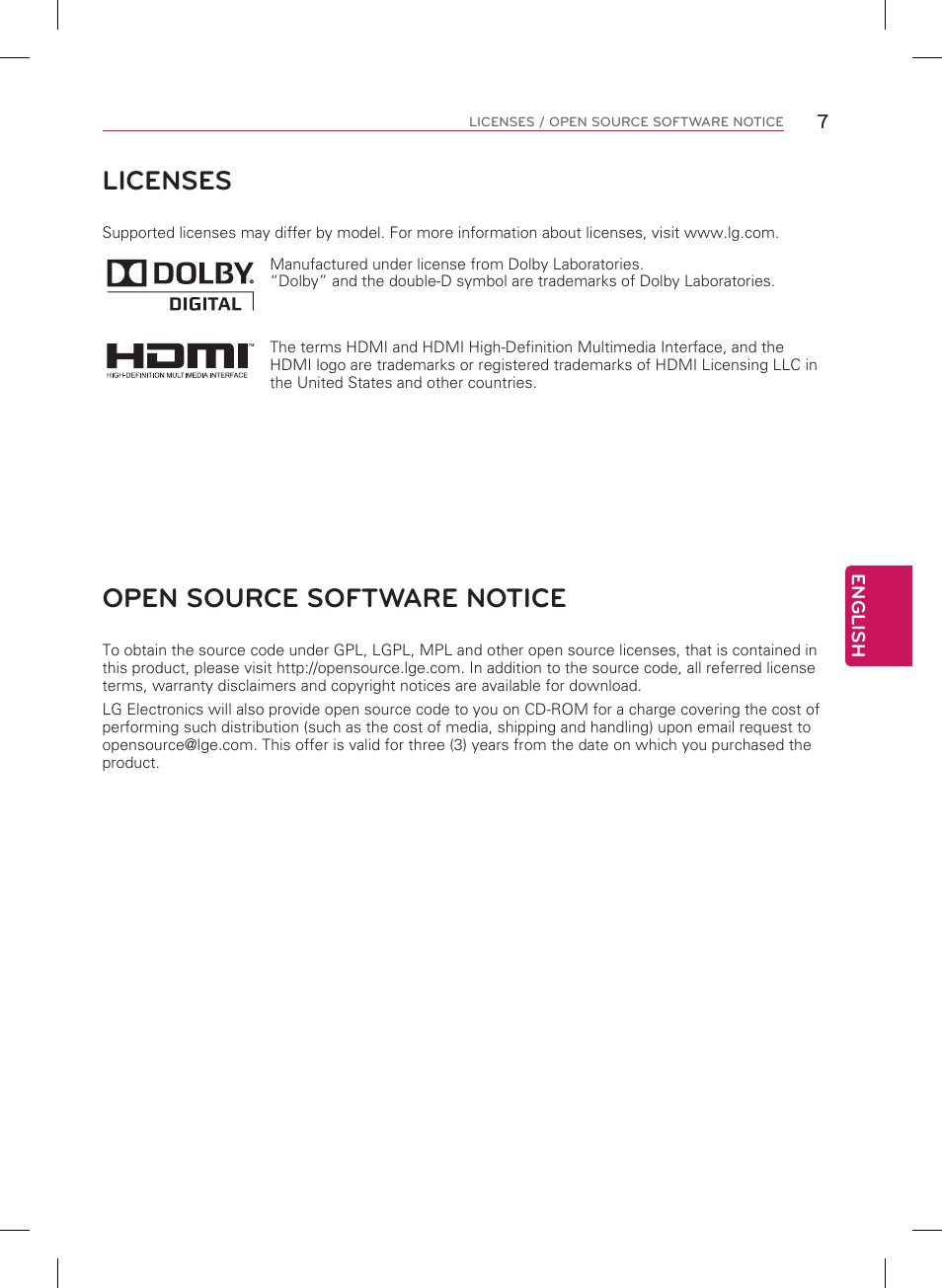 Licenses, Open source software notice | LG 55LN5400 User Manual | Page 7 / 48