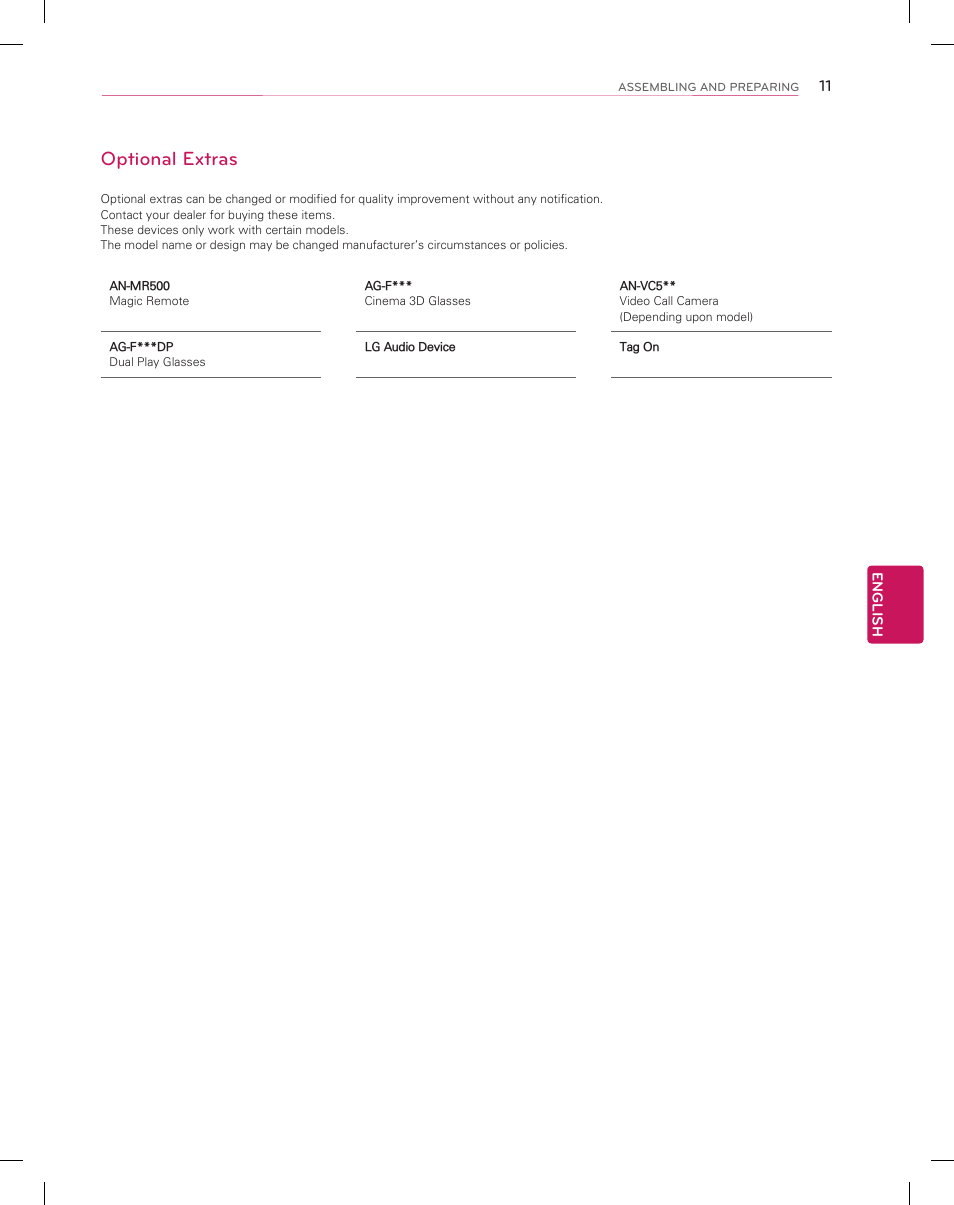 Optional extras | LG 55EC9300 User Manual | Page 11 / 44