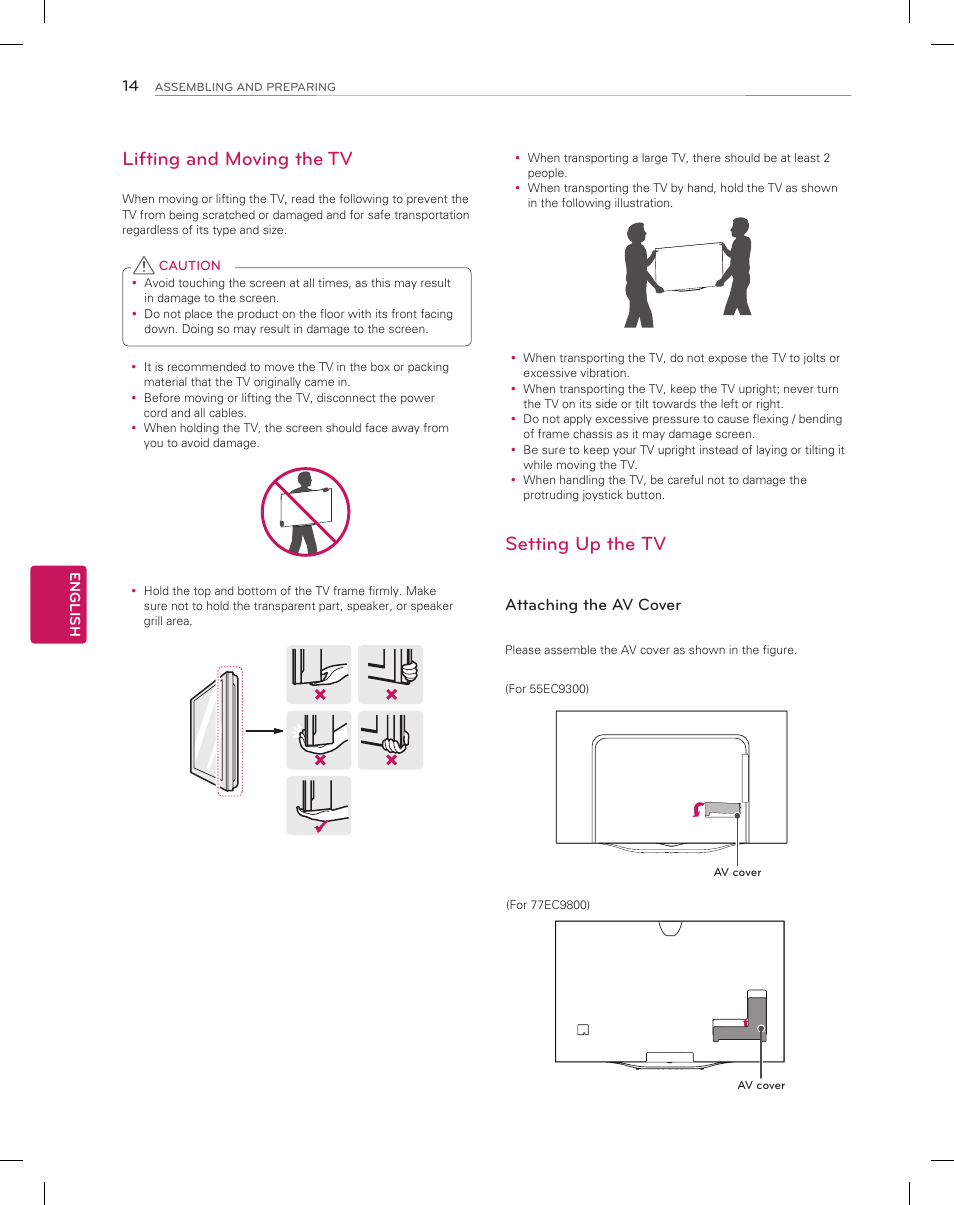 Lifting and moving the tv, Setting up the tv, Attaching the av cover | LG 55EC9300 User Manual | Page 14 / 44