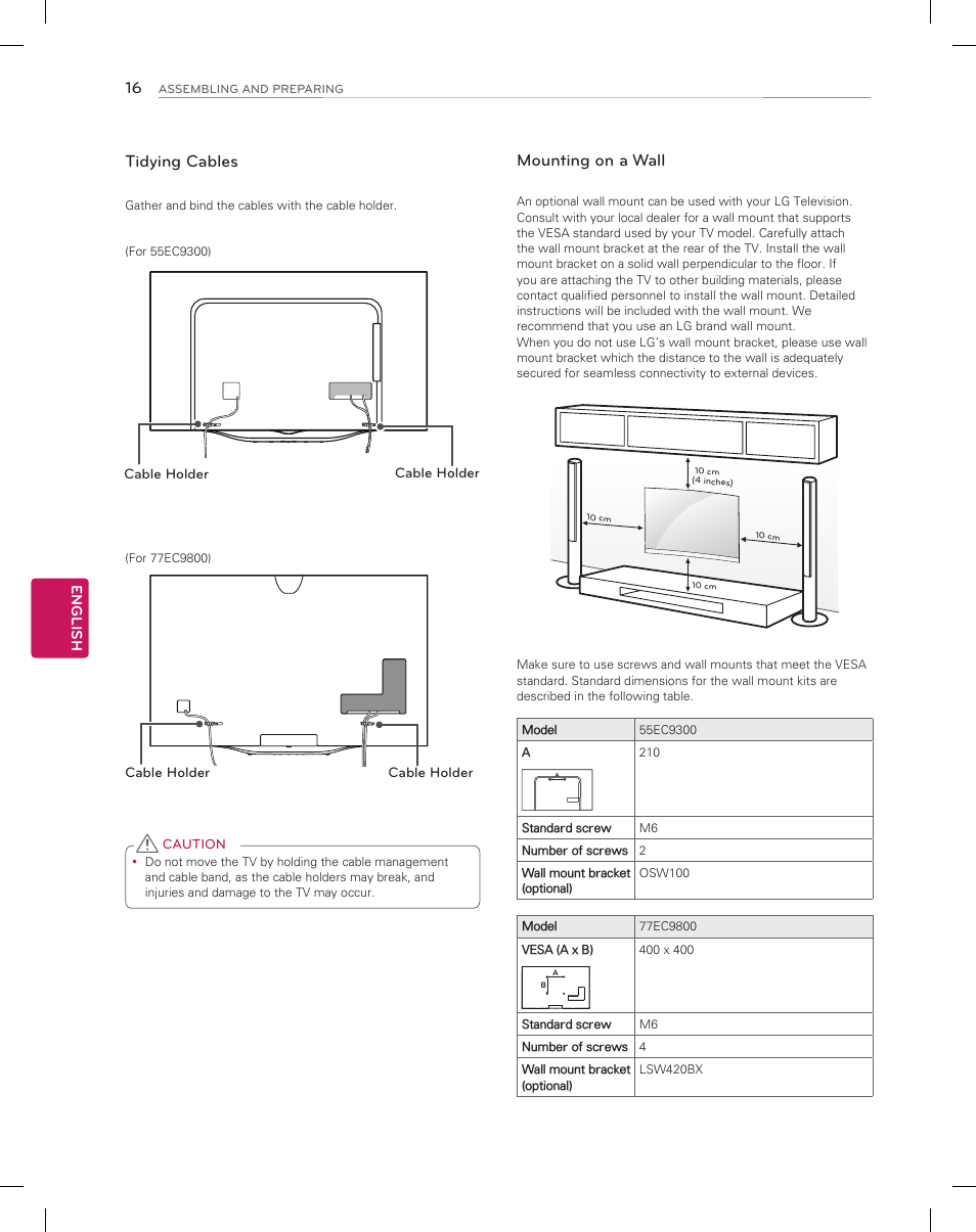 Tidying cables, Mounting on a wall | LG 55EC9300 User Manual | Page 16 / 44