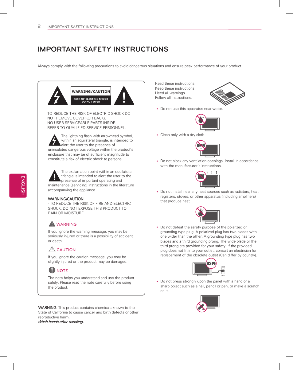 Important safety instructions, English | LG 55EC9300 User Manual | Page 2 / 44